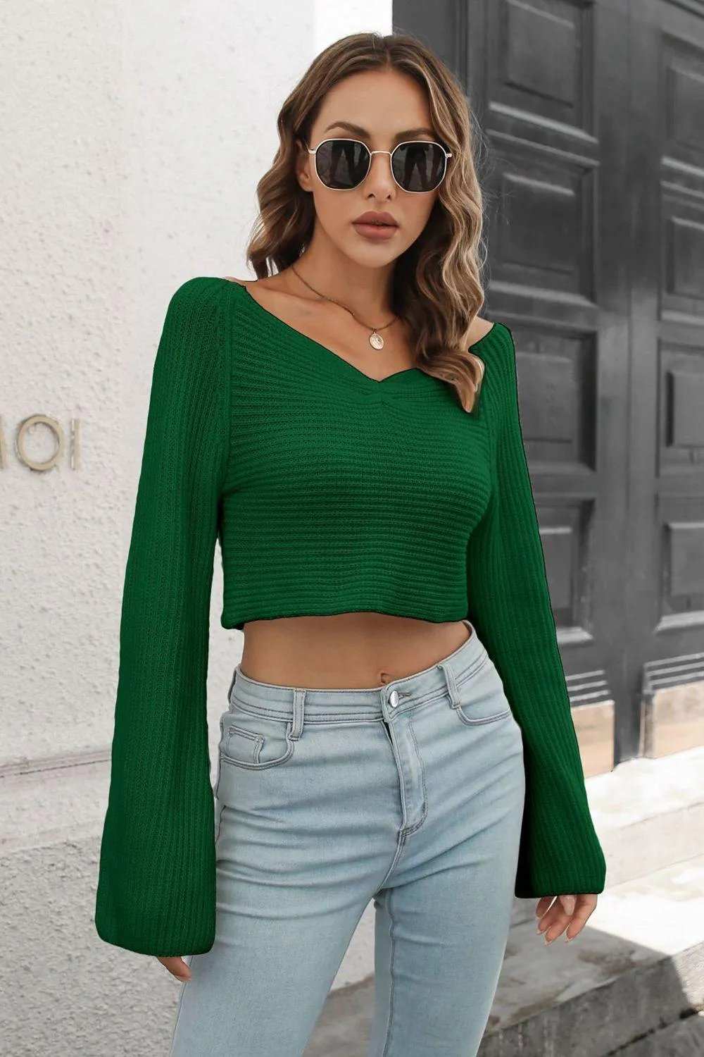 Cropped V-Neck Flare Sleeve Knit Top - Trendsi - Flyclothing LLC