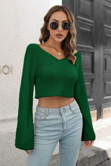 Cropped V-Neck Flare Sleeve Knit Top - Trendsi