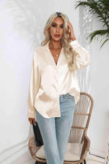Lapel Collar Button Up Long Sleeve Shirt - Trendsi