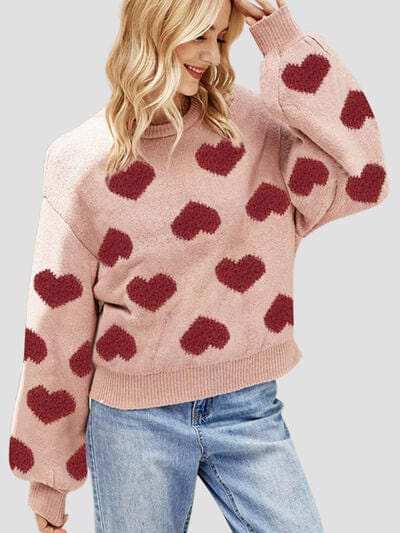 Heart Round Neck Dropped Shoulder Sweater - Trendsi - Flyclothing LLC