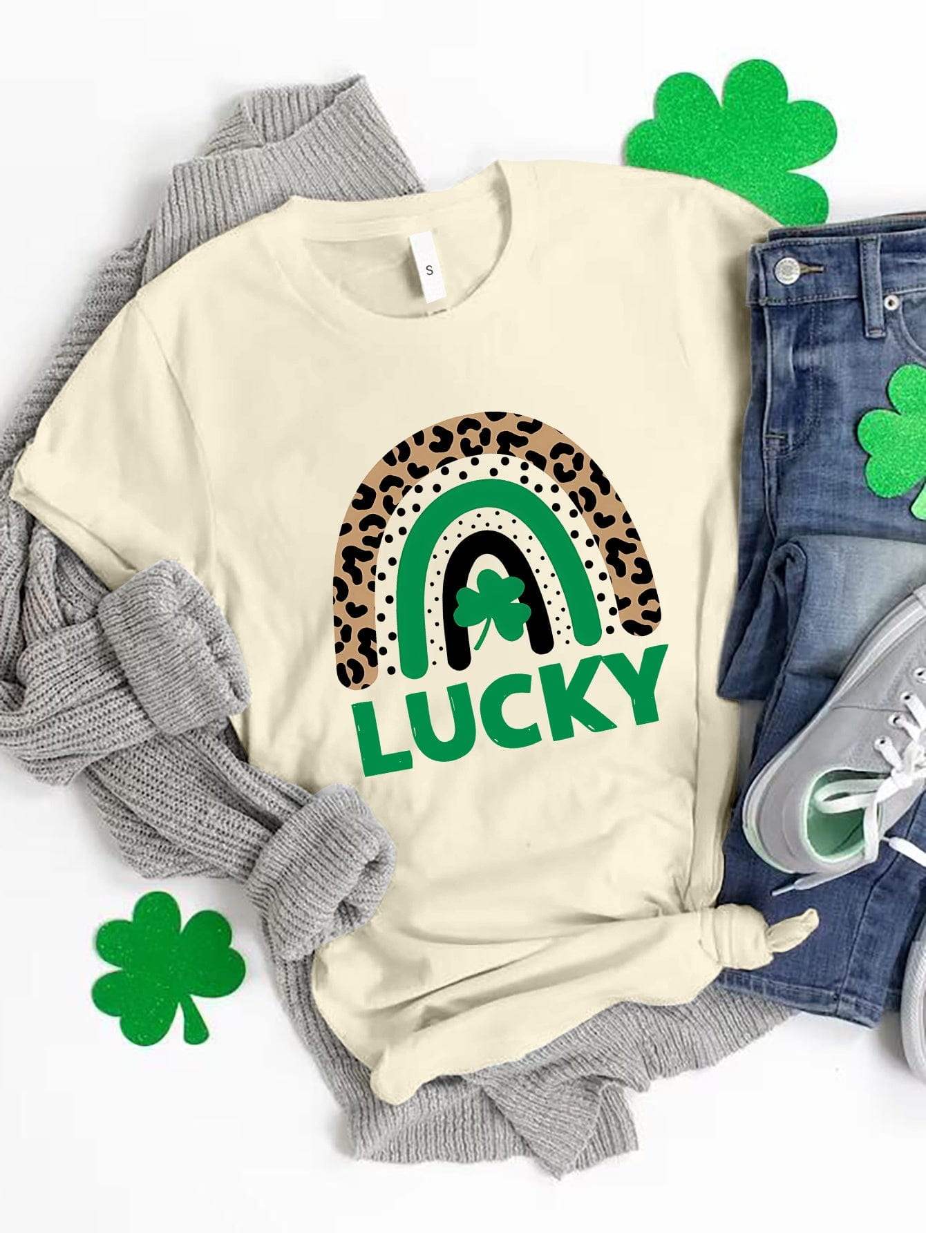 LUCKY Round Neck Short Sleeve T-Shirt - Trendsi - Flyclothing LLC