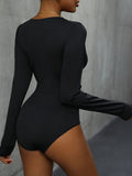 Lace Detail Plunge Long Sleeve Bodysuit - Trendsi