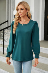 Round Neck Smocked Flounce Sleeve Blouse - Trendsi