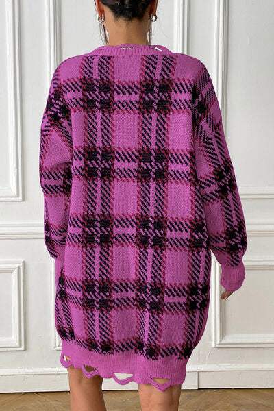 Plaid V-Neck Long Sleeve Sweater Dress - Trendsi - Flyclothing LLC