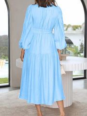 Deep V-Neck Balloon Sleeve Plain Maxi Dress - Trendsi