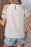 Swiss Dot Spliced Lace Round Neck Blouse - Trendsi