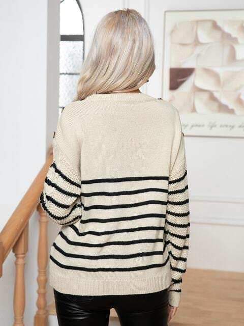 Striped Round Neck Cable-Knit Sweater - Trendsi - Flyclothing LLC