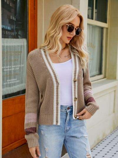 Contrast Button Up Dropped Shoulder Cardigan - Trendsi - Flyclothing LLC