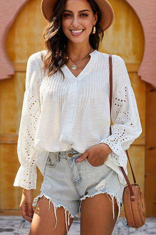 Crochet Flounce Sleeve Button Up Blouse - Trendsi - Flyclothing LLC