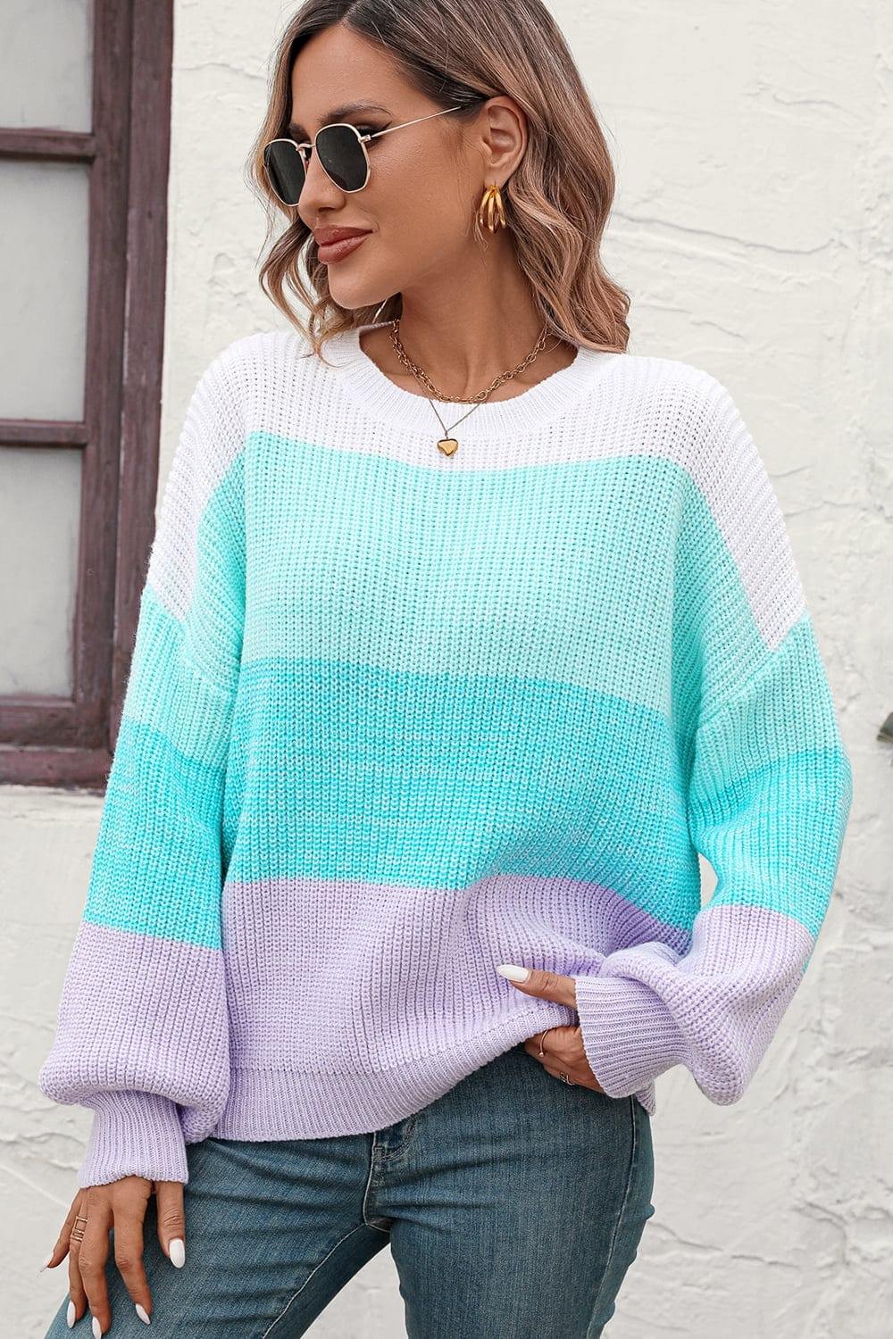 Round Neck Color Block Ribbed Pullover Sweater - Trendsi