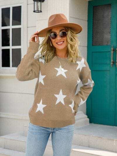 Star Round Neck Dropped Shoulder Sweater - Trendsi - Flyclothing LLC
