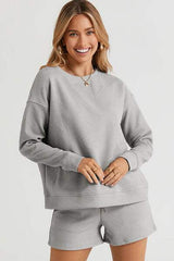 Double Take Full Size Texture Long Sleeve Top and Drawstring Shorts Set - Trendsi - Flyclothing LLC