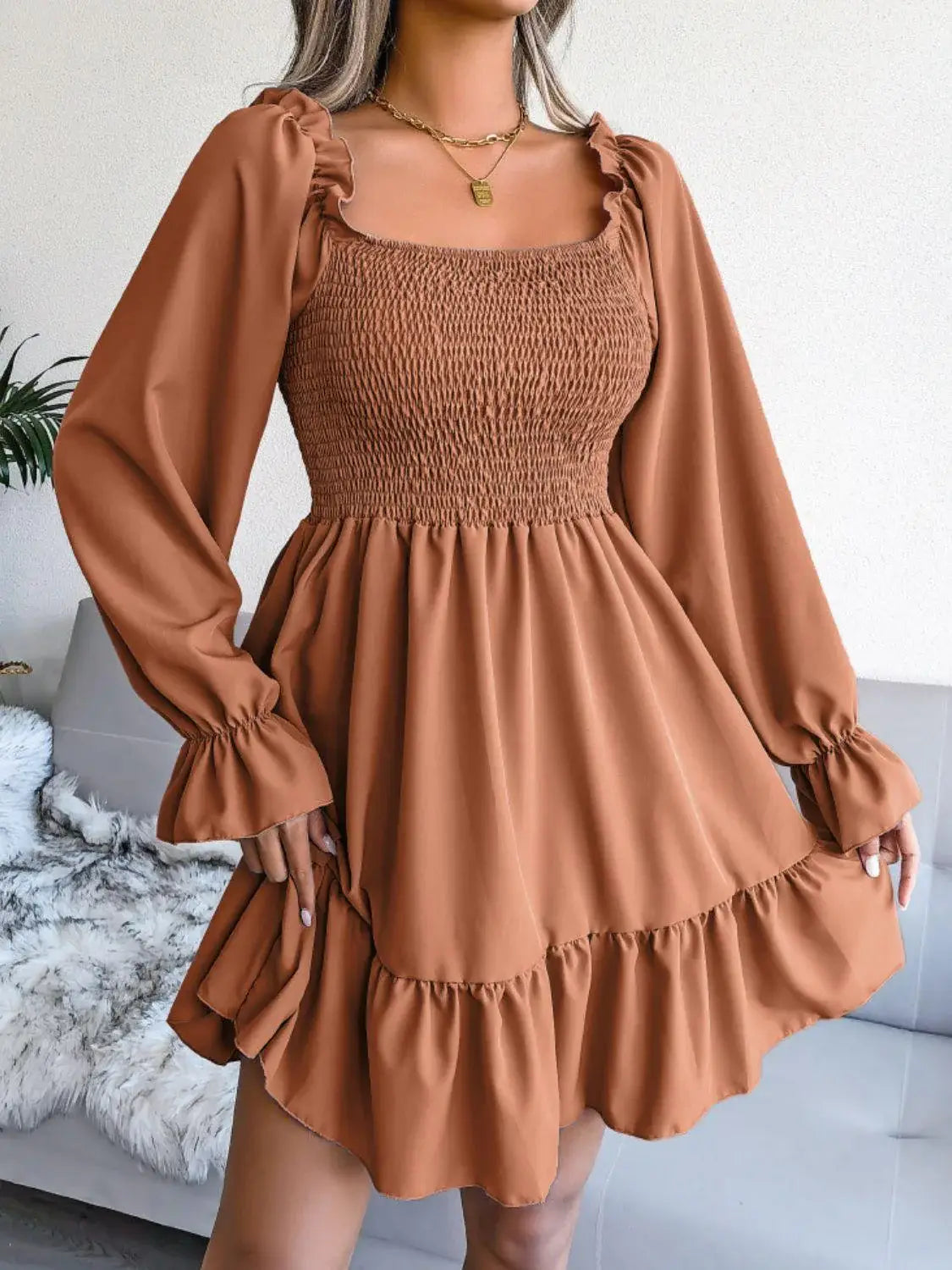 Smocked Flounce Sleeve Square Neck Dress - Trendsi - Flyclothing LLC