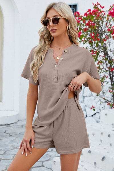 Notched Button Detail Dropped Shoulder Top and Shorts Set - Trendsi - Flyclothing LLC