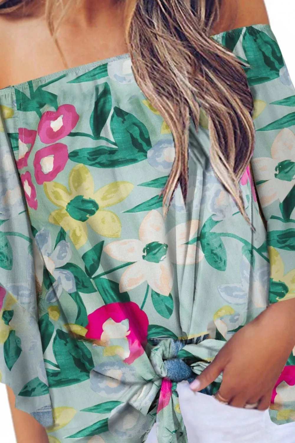 Tied Printed Off-Shoulder Half Sleeve Blouse - Trendsi - Flyclothing LLC