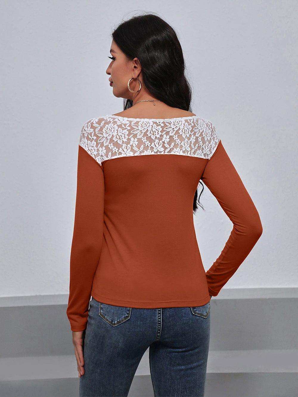 Lace Trim Long Sleeve Round Neck Tee - Trendsi - Flyclothing LLC
