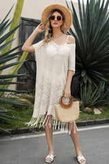 V-Neck Short Sleeve Fringe Hem Knit Dress - Trendsi - Flyclothing LLC