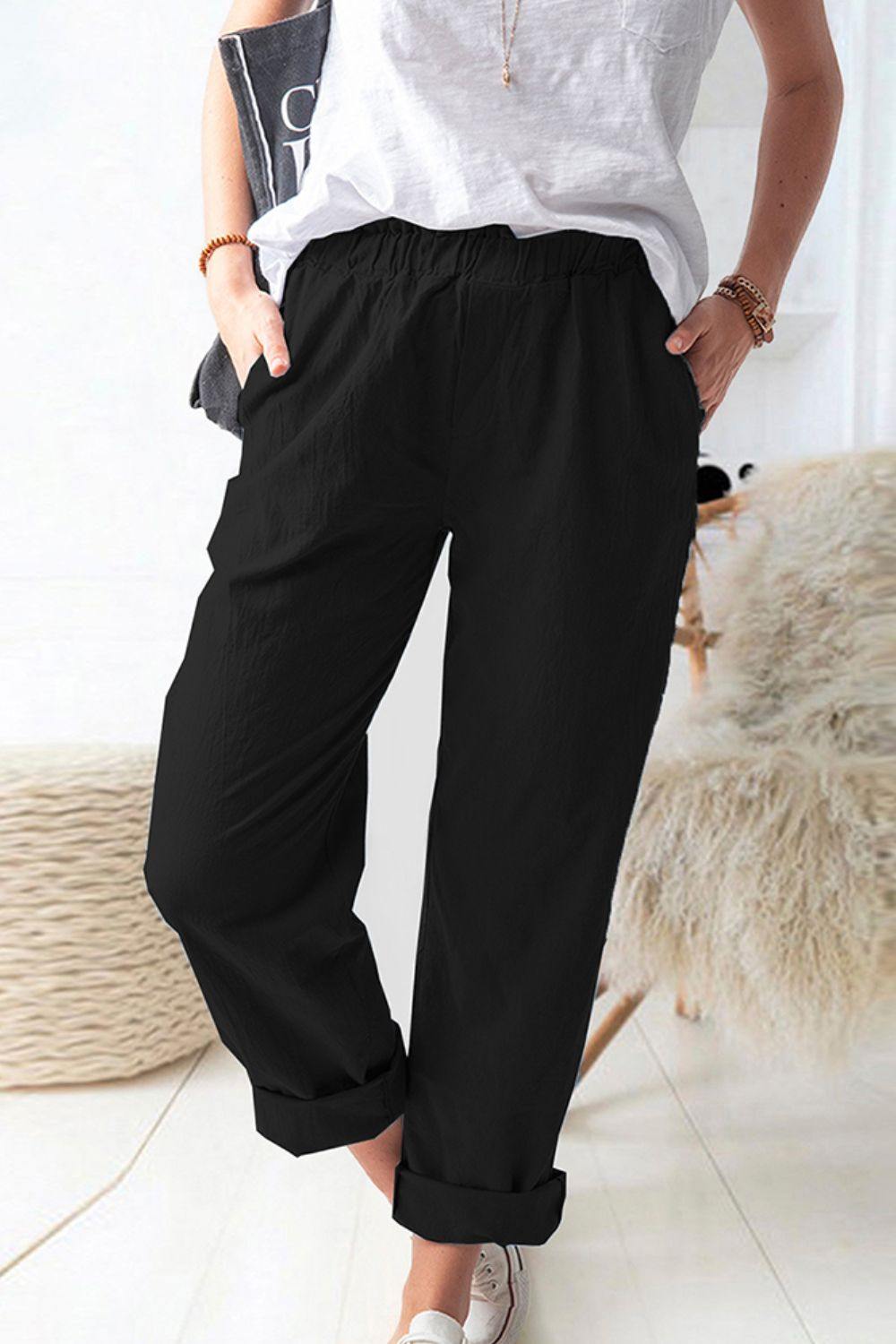 Paperbag Waist Pull-On Pants with Pockets - Trendsi