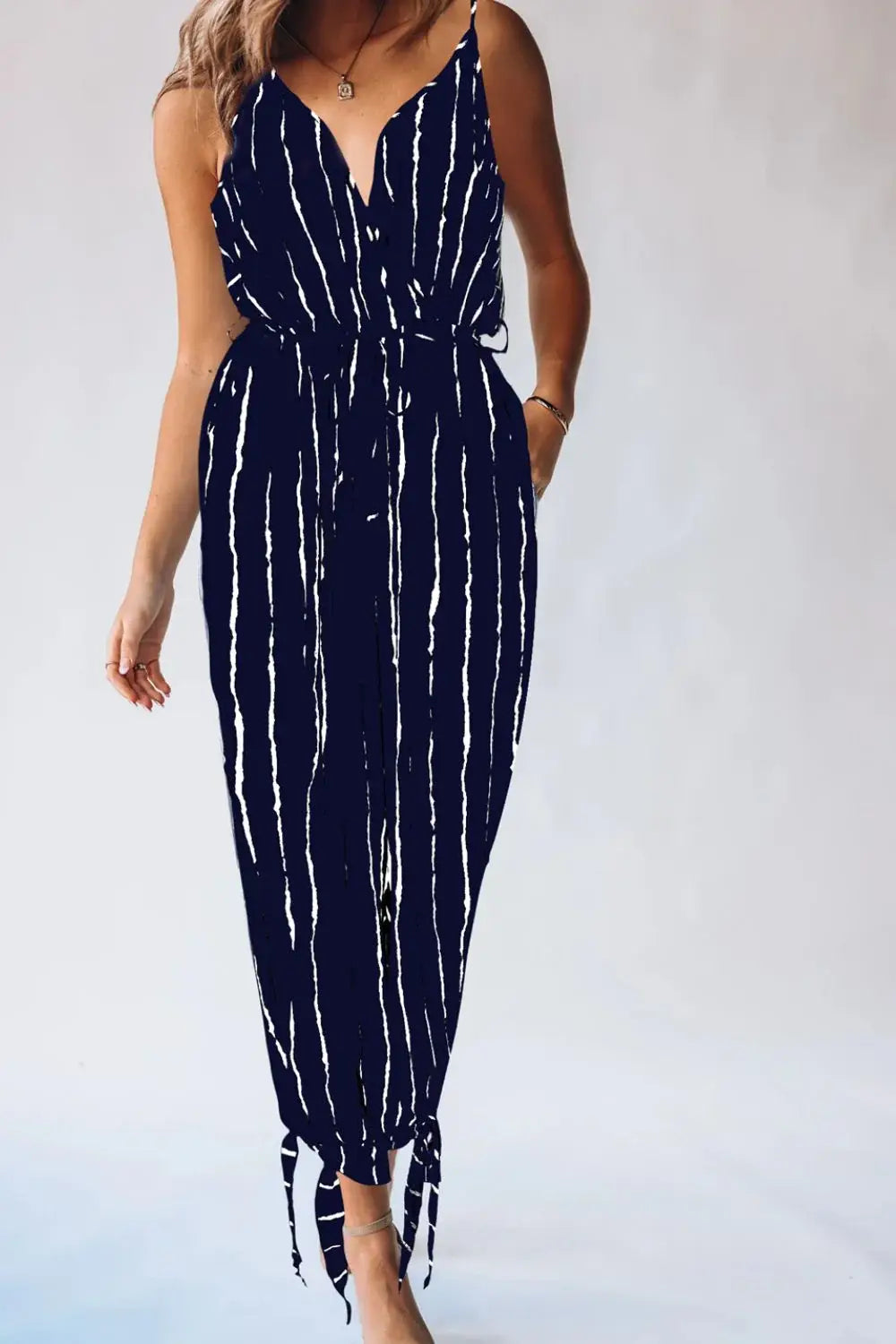 Striped Contrast Tie Ankle Spaghetti Strap Jumpsuit - Trendsi - Flyclothing LLC