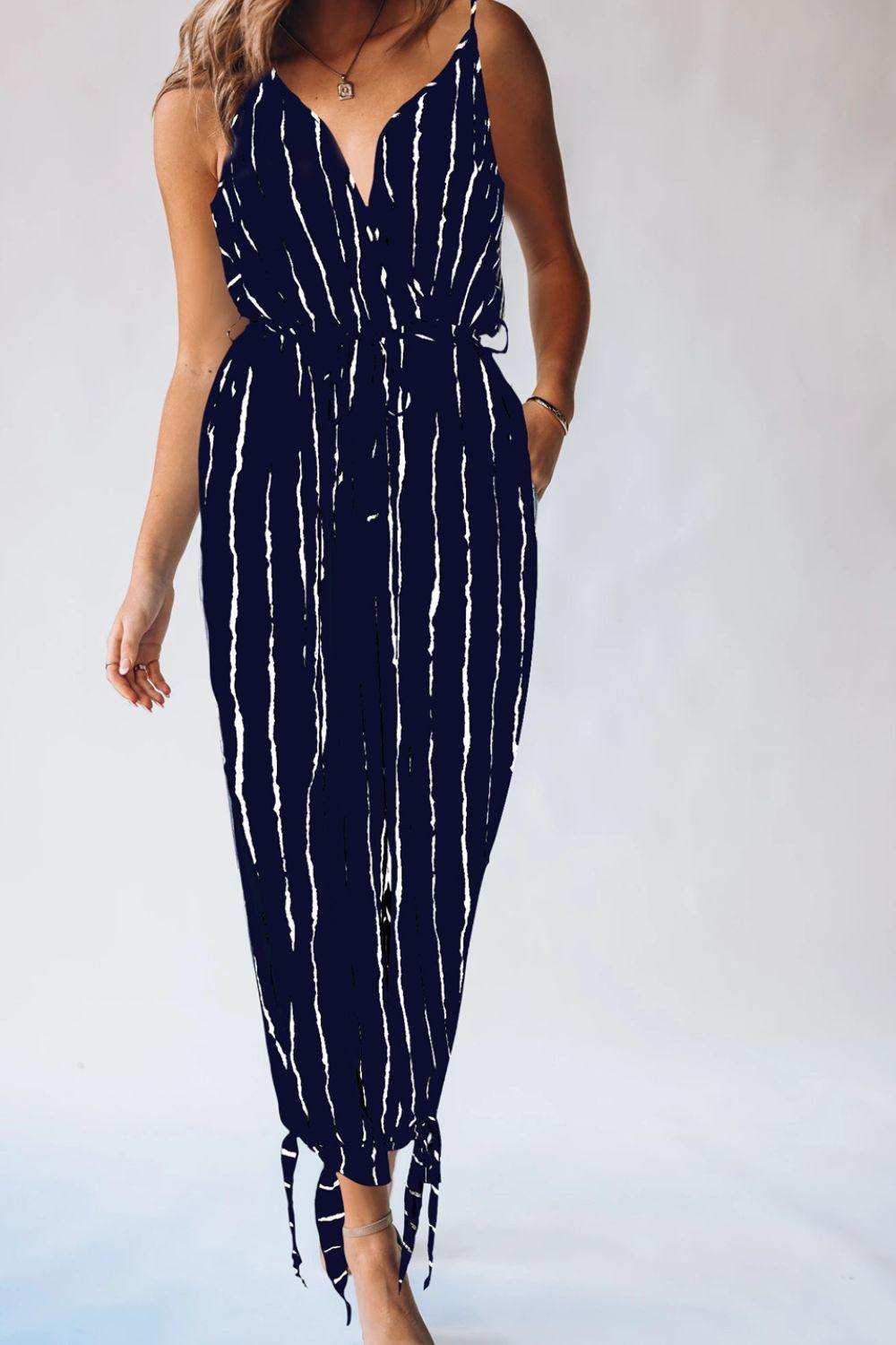 Striped Contrast Tie Ankle Spaghetti Strap Jumpsuit - Trendsi - Flyclothing LLC