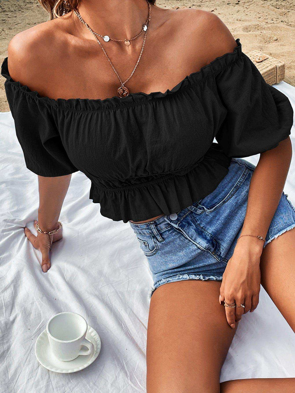 Off-Shoulder Frill Trim Peplum Top - Trendsi - Flyclothing LLC