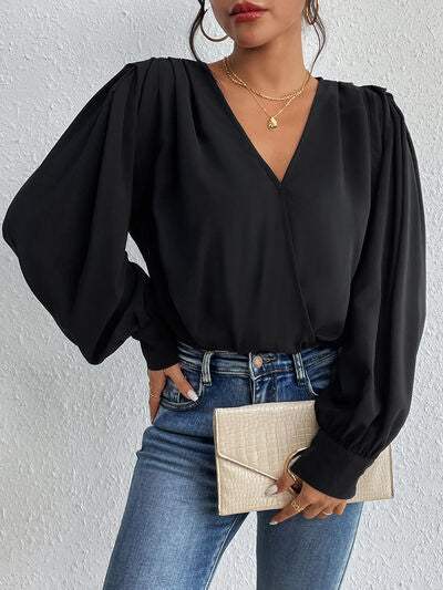 Surplice Ruched Long Sleeve Bodysuit - Trendsi - Flyclothing LLC