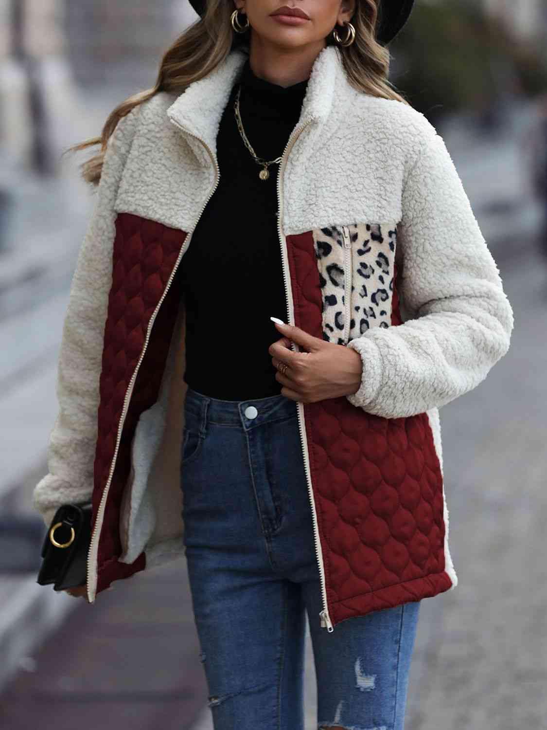 Leopard Color Block Zip-Up Jacket - Trendsi
