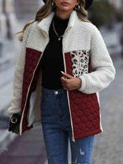 Leopard Color Block Zip-Up Jacket - Trendsi