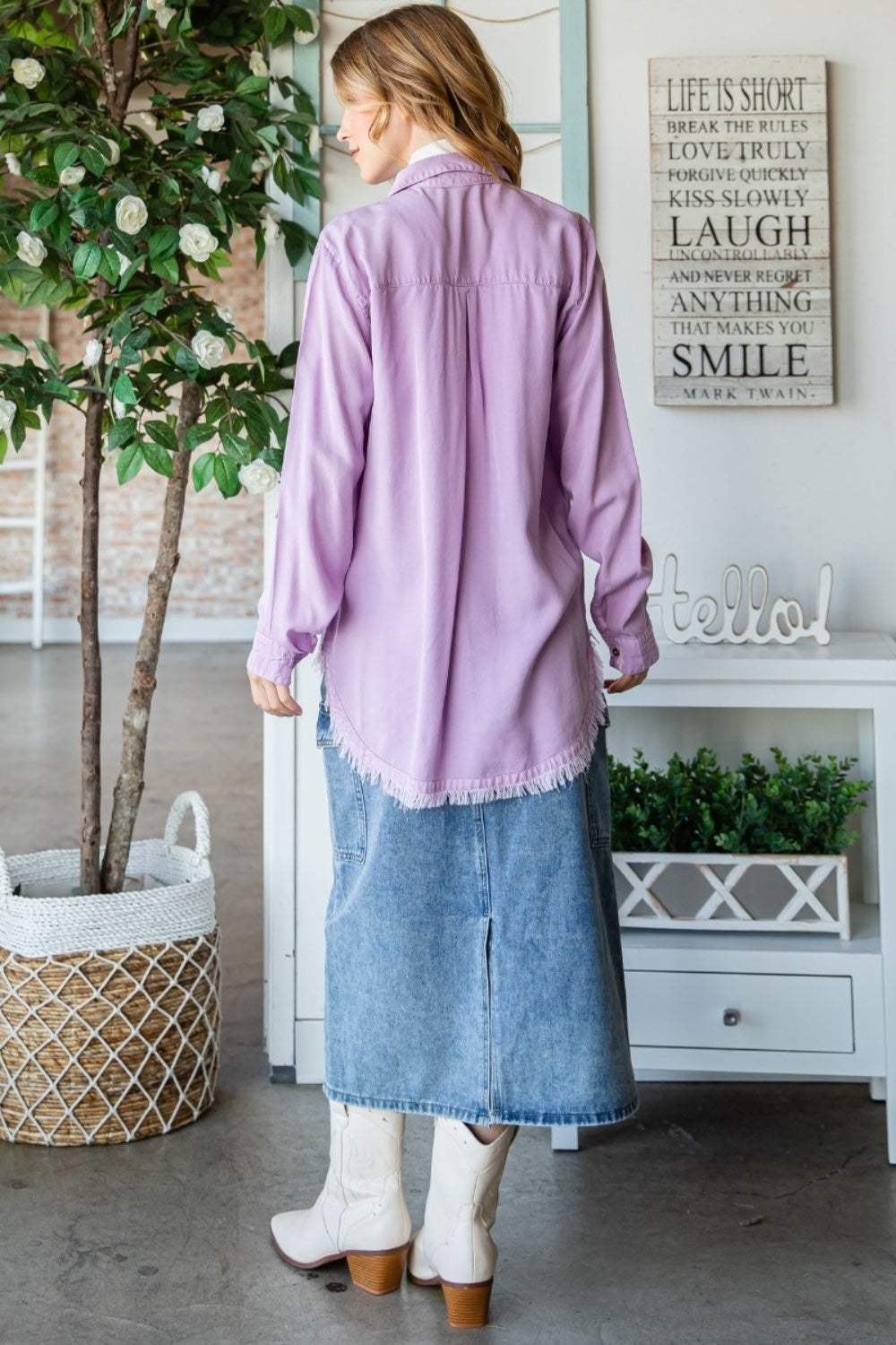 Veveret Raw Hem Button Up Long Sleeve Shirt - Trendsi - Flyclothing LLC