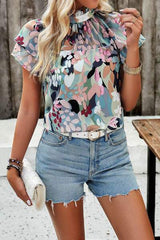 Printed Ruffled Mock Neck Blouse - Trendsi - Flyclothing LLC