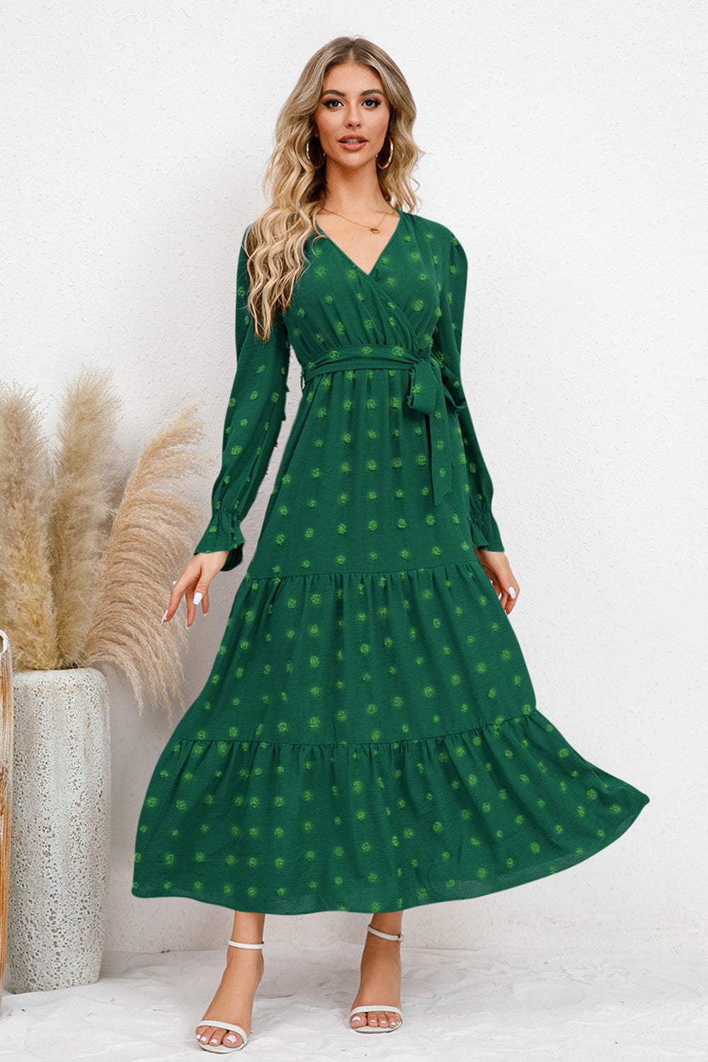 Swiss Dot Tied Surplice Flounce Sleeve Dress - Trendsi - Flyclothing LLC