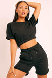 Short Sleeve Cropped Top and Drawstring Shorts Lounge Set - Trendsi