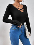 Ribbed Crisscross V-Neck Long Sleeve Knit Top - Trendsi