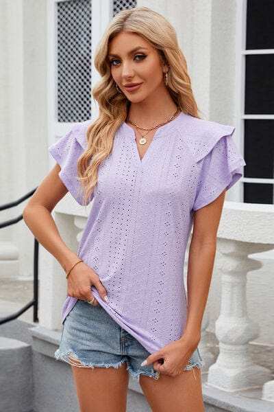 Eyelet Notched Short Sleeve T-Shirt - Trendsi - Flyclothing LLC