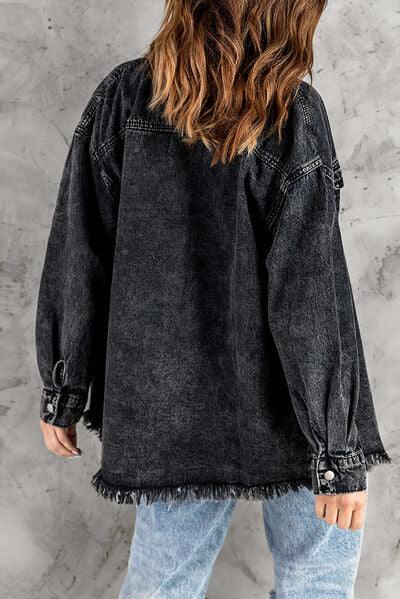 Button Up Pocketed Raw Hem Denim Jacket - Trendsi