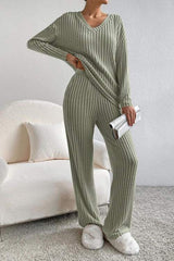 Ribbed V-Neck Top and Pants Set - Trendsi - Flyclothing LLC