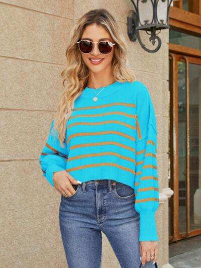 Round Neck Striped Lantern Sleeve Sweater - Trendsi - Flyclothing LLC