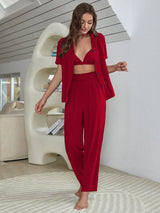 Short Sleeve Shirt, Bralette, and Pants Lounge Set - Trendsi - Flyclothing LLC