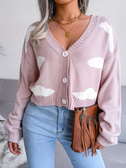 Cloud Print Button Down Ribbed Trim Cardigan - Trendsi