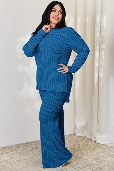 Basic Bae Full Size Ribbed High-Low Top and Wide Leg Pants Set - Trendsi