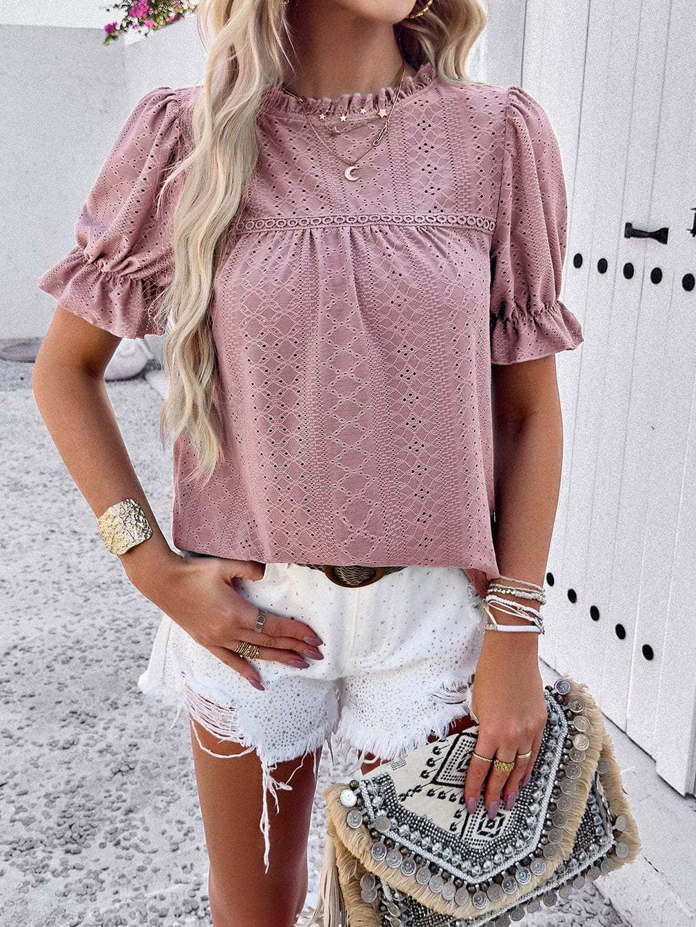 Eyelet Mock Neck Flounce Sleeve Blouse - Trendsi - Flyclothing LLC