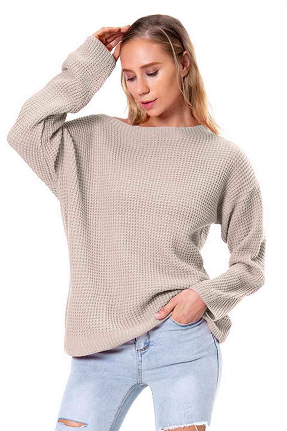 Boat Neck Drop Shoulder Long Sleeve Sweater - Trendsi - Flyclothing LLC
