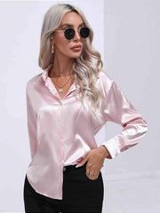 Collared Neck Buttoned Long Sleeve Shirt - Trendsi