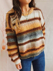 Striped Round Neck Long Sleeve Sweater - Flyclothing LLC