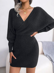 Rib-Knit Dolman Sleeve Sweater Dress - Trendsi