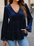 V-Neck Balloon Sleeve Peplum Blouse - Flyclothing LLC
