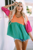 Color Block V-Neck Babydoll Blouse - Trendsi - Flyclothing LLC