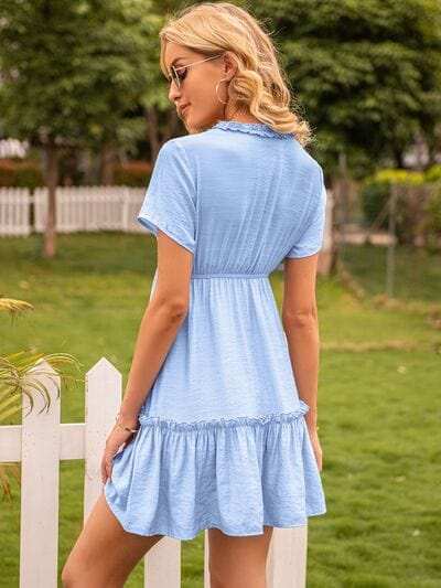 Frill V-Neck Short Sleeve Ruffle Hem Dress - Trendsi - Flyclothing LLC