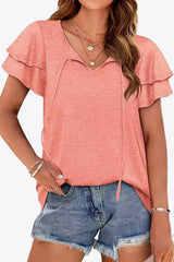 Tie-Neck Layered Flutter Sleeve Blouse - Trendsi - Flyclothing LLC