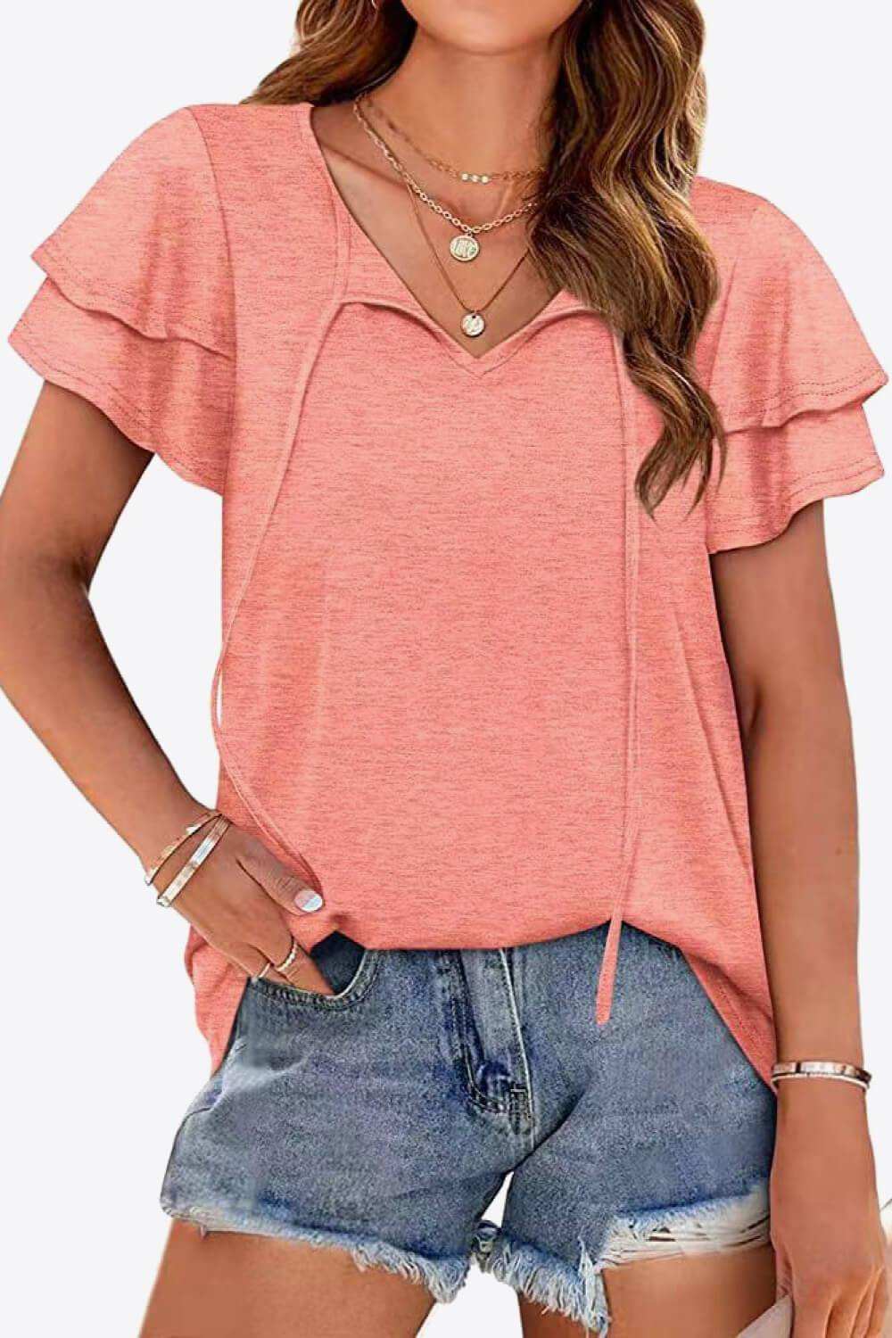 Tie-Neck Layered Flutter Sleeve Blouse - Trendsi - Flyclothing LLC
